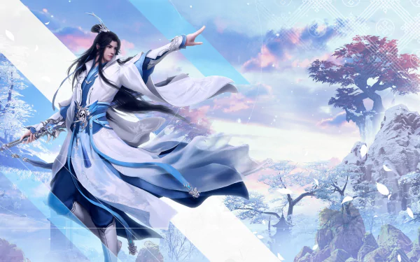 High-definition desktop wallpaper featuring a Swords of Legends Online character in a dynamic pose with an ethereal backdrop.