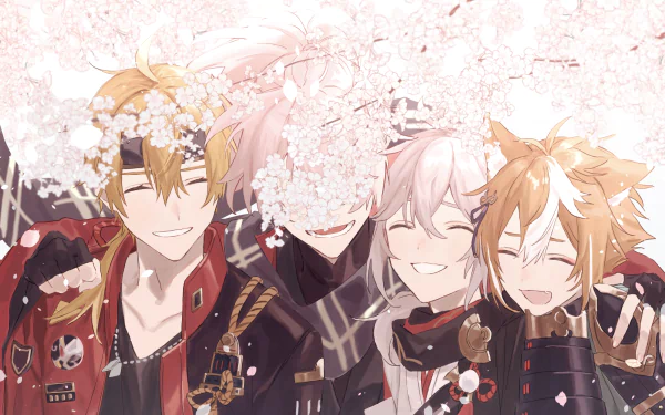A colorful Genshin Impact wallpaper featuring Kaedehara Kazuha, Thoma, and Gorou smiling together under cherry blossoms, capturing a moment of camaraderie and joy.
