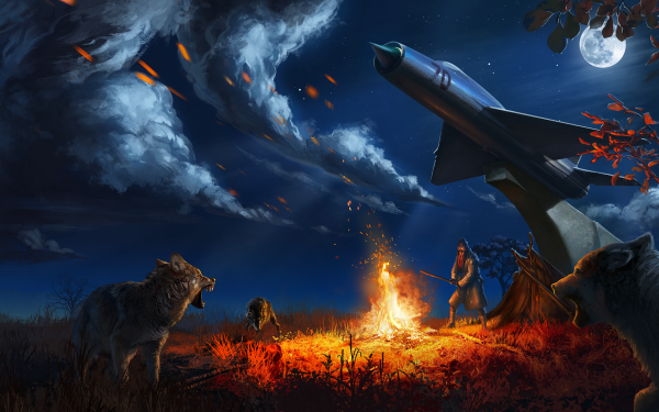 Video Game ATOM RPG Wolf Fire Camping Bonfire Post Apocalyptic HD Wallpaper | Background Image