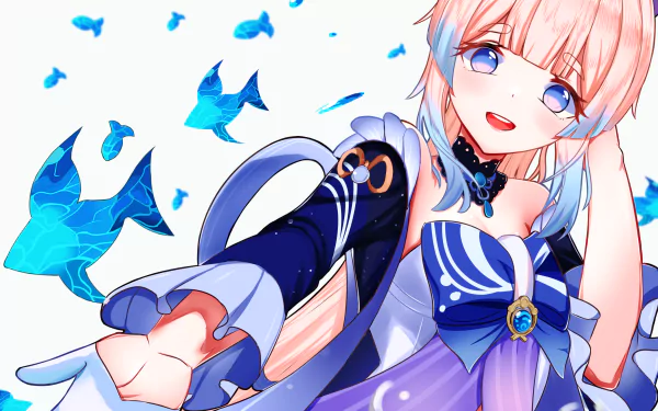 Sangonomiya Kokomi (Genshin Impact) reaching out and smiling, blue fish swimming around her, vibrant pastel blues and purples — 2K Quad HD PC desktop wallpaper/background.