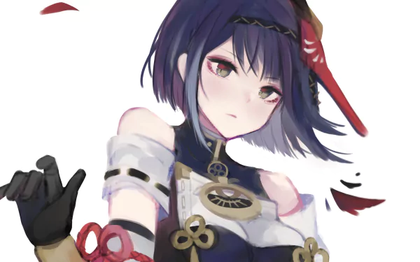 HD PC desktop wallpaper featuring Kujou Sara from the video game Genshin Impact with a white background and red feathers floating around.