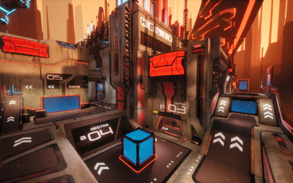 A vibrant HD desktop wallpaper from the video game Splitgate, featuring futuristic architecture with neon lights and digital interfaces in an action-packed environment.