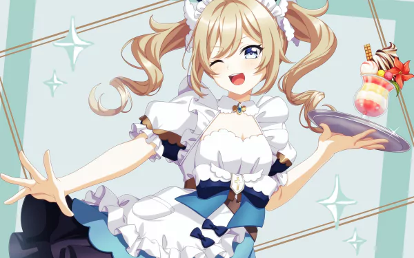 Barbara (Genshin Impact), a video game character, winks in a frilly maid outfit while holding a drink on a tray — bright pastel 4K Ultra HD PC desktop wallpaper/background.