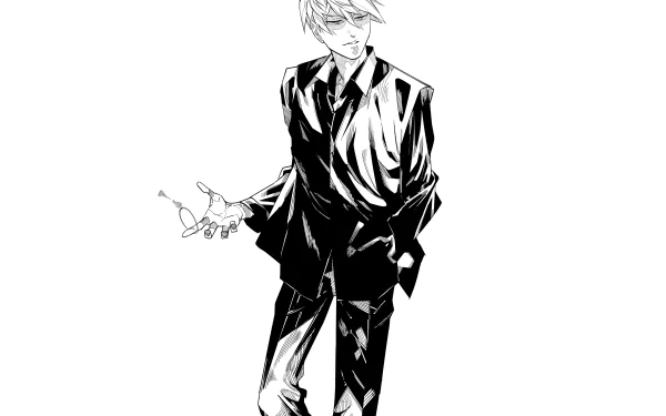 Black and white 4K Ultra HD anime wallpaper featuring a character from Blue Lock wearing a suit, holding glasses in one hand with a confident stance.