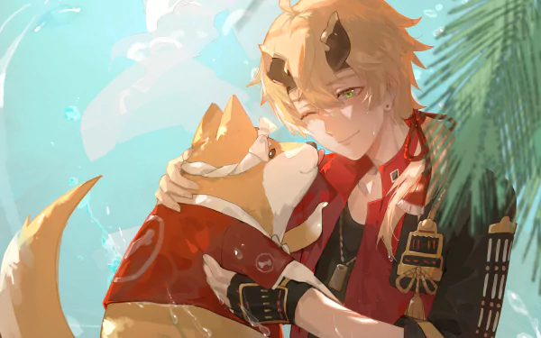 HD PC desktop wallpaper featuring Thoma and Shiba from the video game Genshin Impact in a tender moment under soft sunlight.