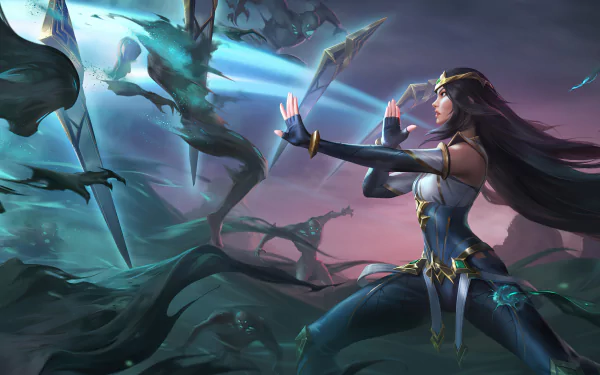 HD desktop wallpaper featuring Irelia from the video game League of Legends, showcasing her poised in a dynamic battle stance with glowing blades in a mystical setting.
