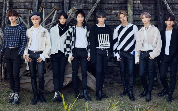 HD PC desktop wallpaper featuring the K-pop boy band Stray Kids posing together outdoors in stylish black and white outfits.