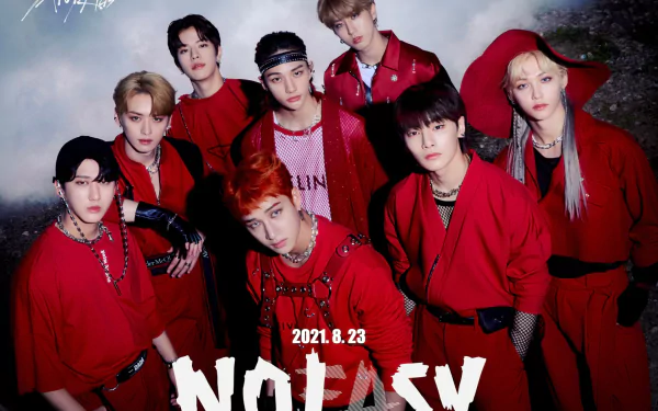 HD PC desktop wallpaper featuring the K-pop boy band Stray Kids posing in red outfits with a dark, moody background promoting their release No Easy from 2021.