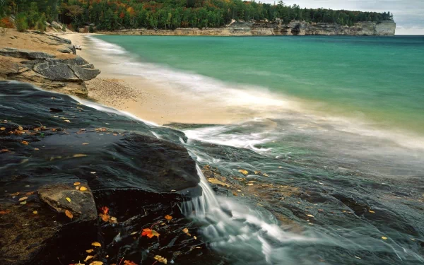 A serene beach scene with gentle waves lapping against dark rocks, framed by lush greenery and a tranquil shoreline, creating a stunning HD nature wallpaper for any desktop background.