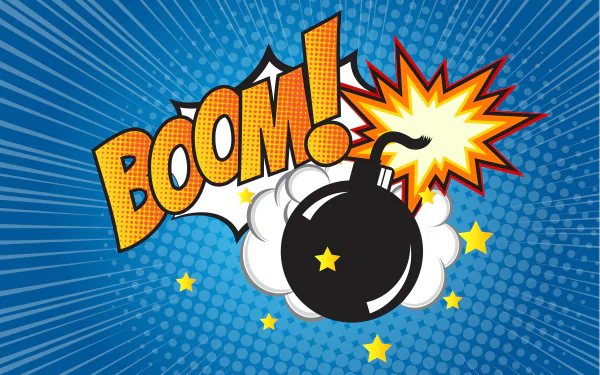 HD desktop wallpaper featuring a vibrant pop art explosion with 'BOOM!' text, stars, and a comic style bomb on a dotted blue background.