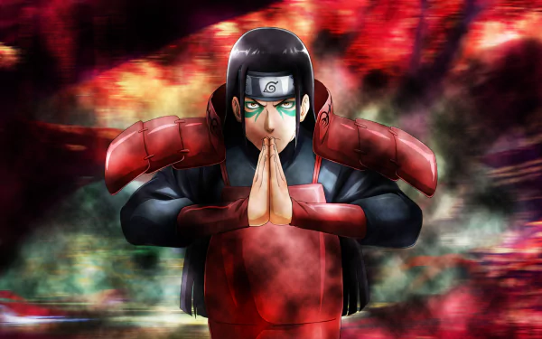 HD PC desktop wallpaper of Hashirama Senju from Naruto, depicted as Hokage with intense focus and vibrant red and dark background colors.