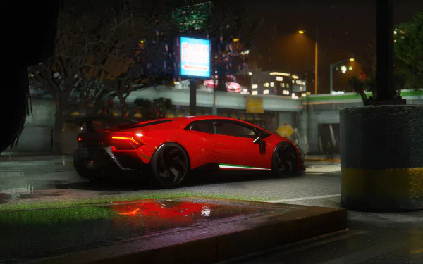 Red Lamborghini Huracan Performante in a nighttime urban setting from Grand Theft Auto V, presented as a 4K Ultra HD PC desktop wallpaper.