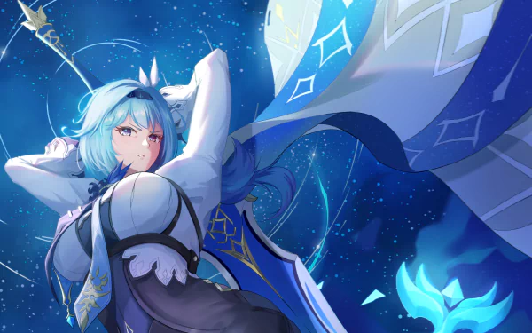 Eula (Genshin Impact) in blue battle attire, striking a pose against icy, starry swirls — HD PC desktop wallpaper/background from the video game Genshin Impact