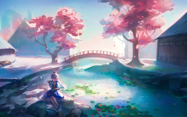 HD desktop wallpaper featuring Kamisato Ayaka from Genshin Impact, set in a serene landscape with pink cherry blossoms, a small bridge, and a tranquil pond.