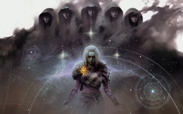 4K Ultra HD PC wallpaper featuring a Destiny 2 character with cosmic symbols and five shadowy hooded figures in the background.