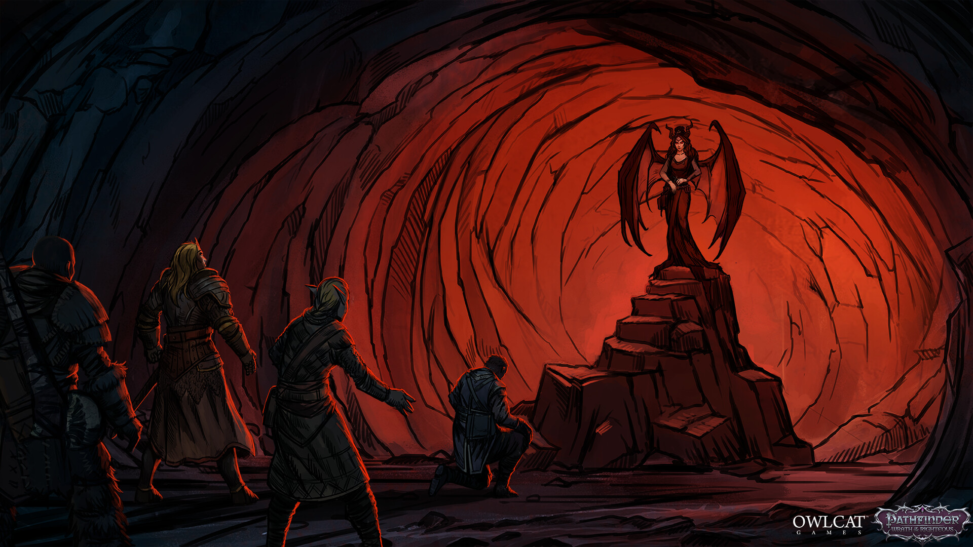 Pathfinder: Wrath of the Righteous HD wallpaper featuring adventurers approaching a mysterious winged statue in a cavernous setting, perfect for desktop background.