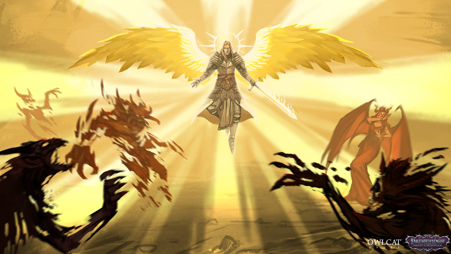 HD wallpaper of Pathfinder: Wrath of the Righteous featuring an angelic figure with golden wings illuminated by divine light amidst shadowy creatures, perfect for desktop backgrounds.