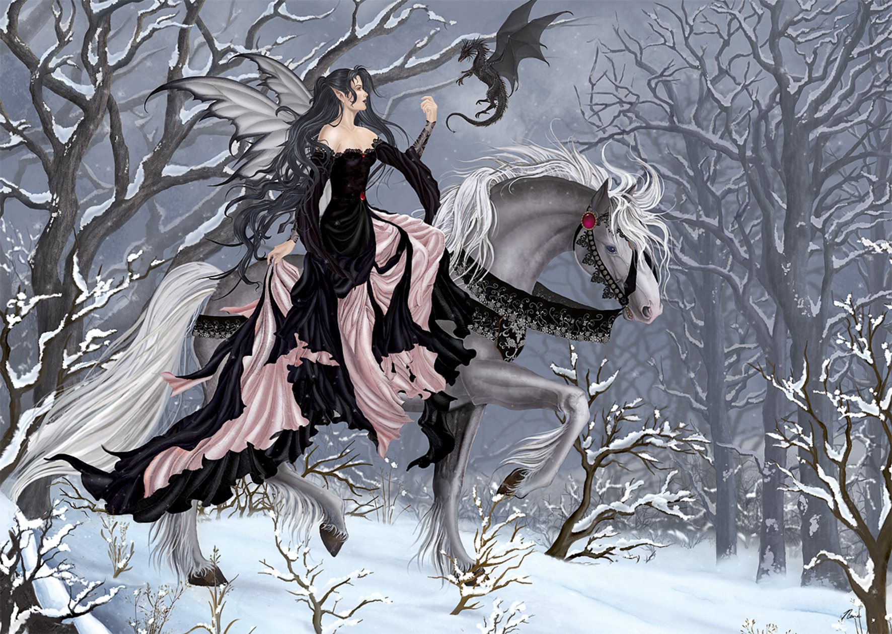 Fantasy fairy riding gracefully through a snowy landscape - Nene Thomas desktop wallpaper.
