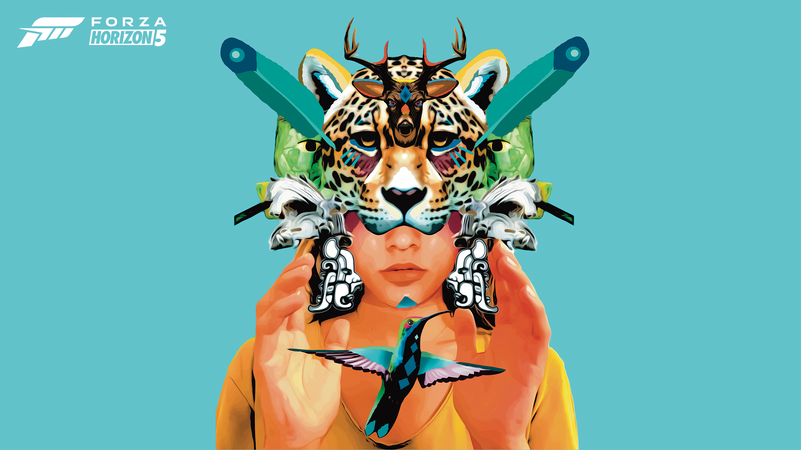 Forza Horizon 5 themed HD desktop wallpaper featuring vibrant artwork with a surreal design of a person holding a colorful animal mask, on a teal background.