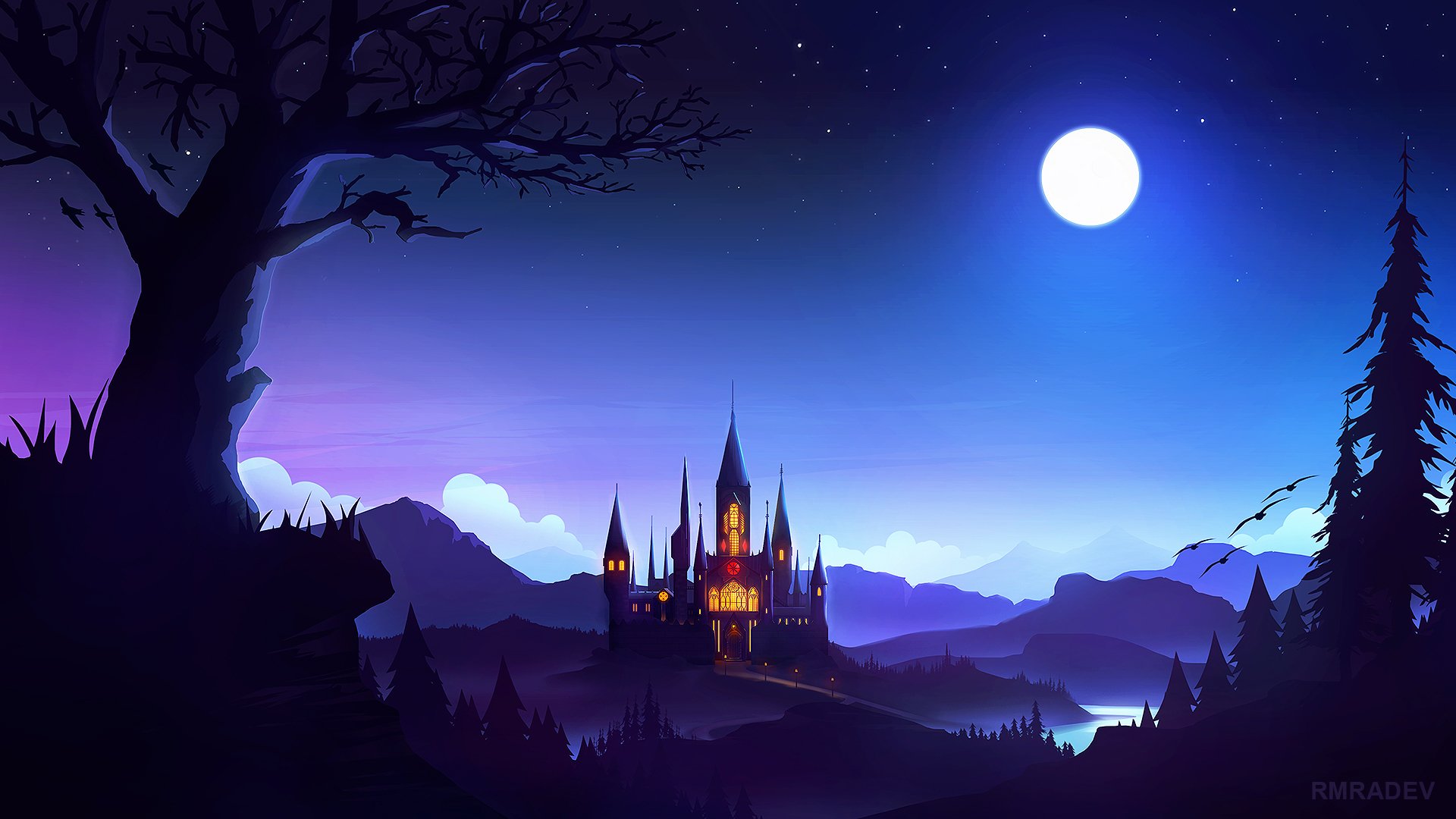 Fantasy HD desktop wallpaper featuring a majestic castle under a full moon, nestled amid silhouetted mountains and a serene lakeside, enhanced by a violet twilight sky.