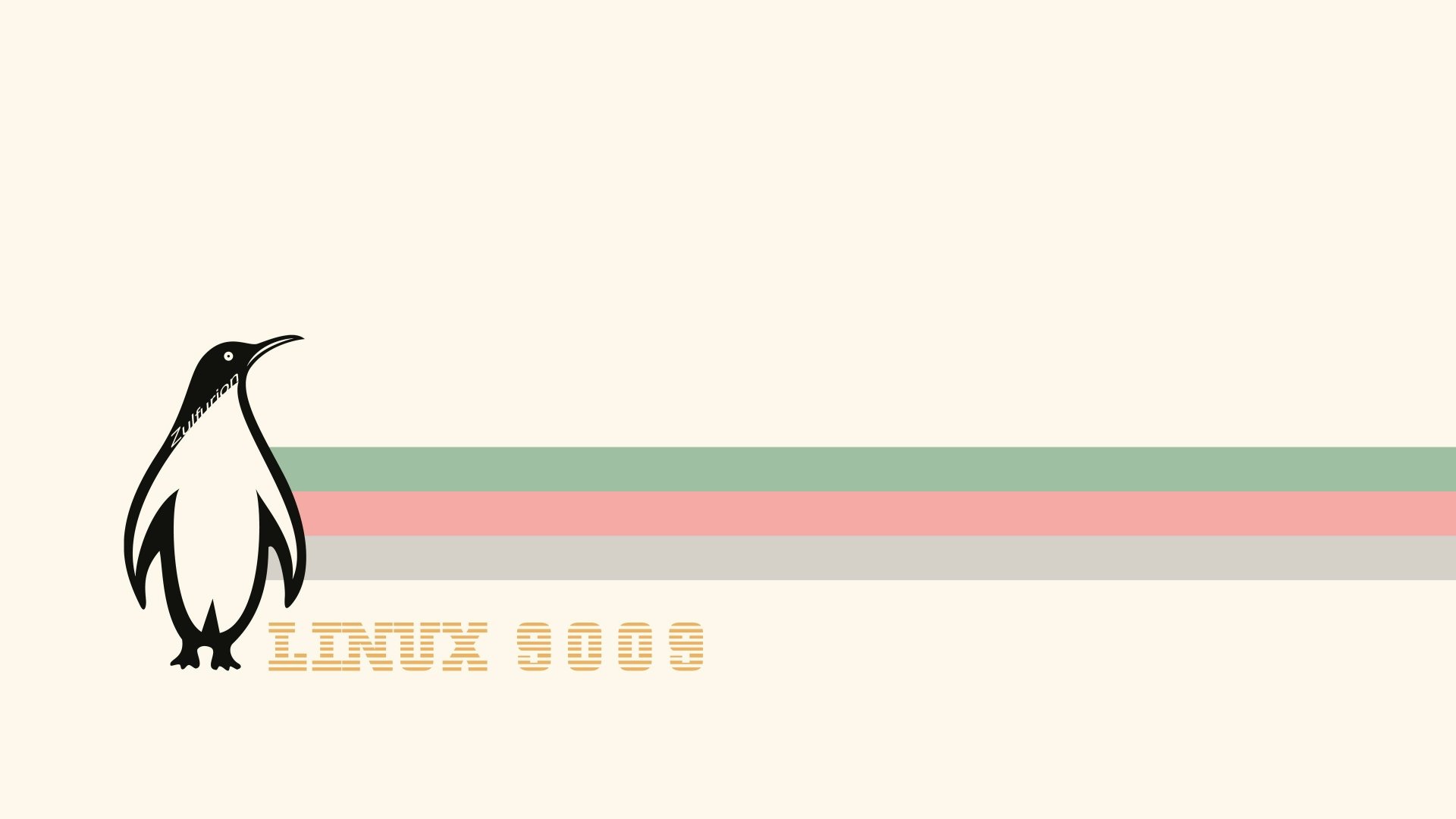 4K Ultra HD PC wallpaper: cream minimalist background with a stylized penguin, three pastel horizontal stripes and LINUX text — clean technology design.