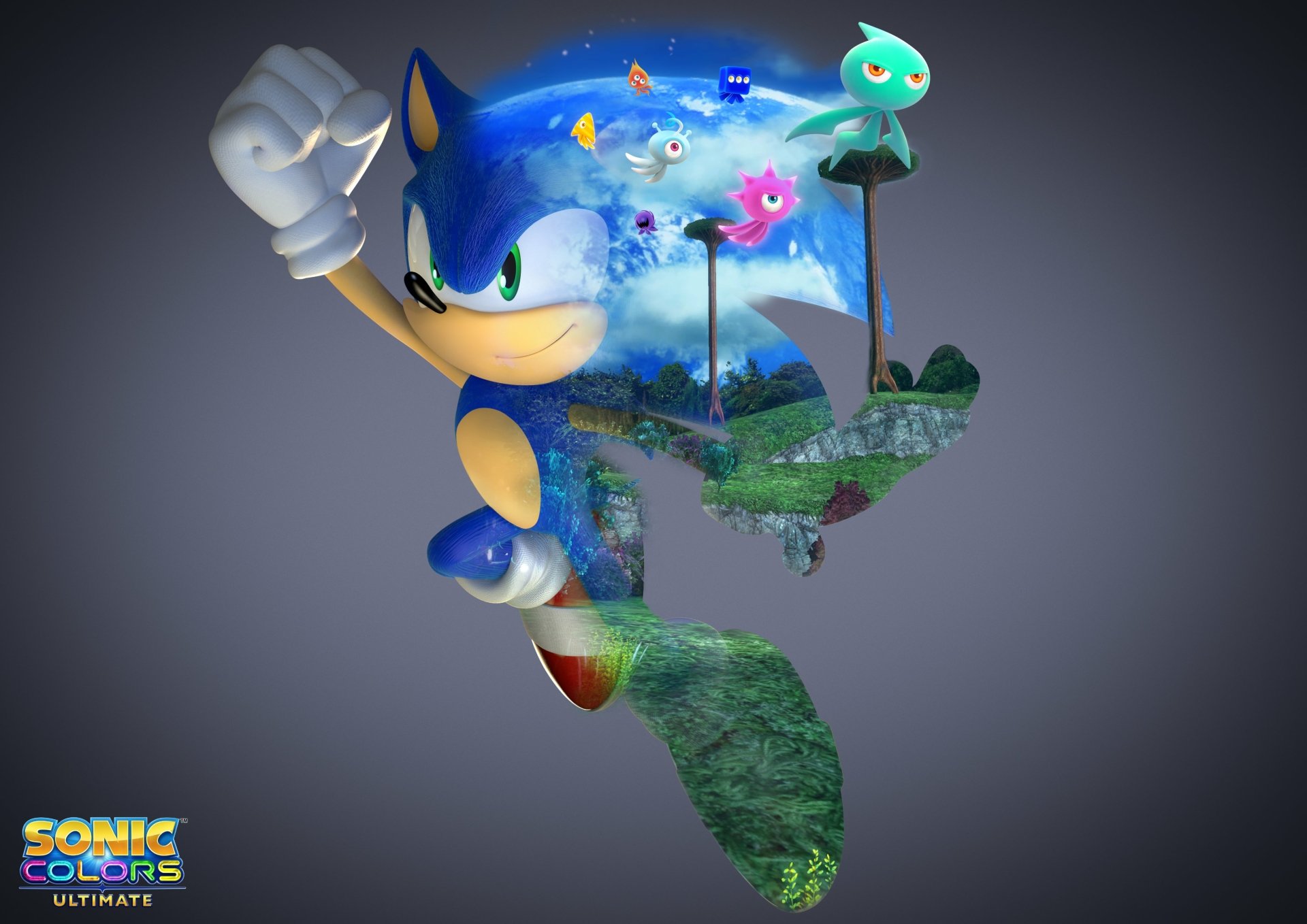 4K Ultra HD PC wallpaper featuring Sonic the Hedgehog from the video game Sonic Colors: Ultimate, showcasing Sonic in dynamic action with colorful Wisps.