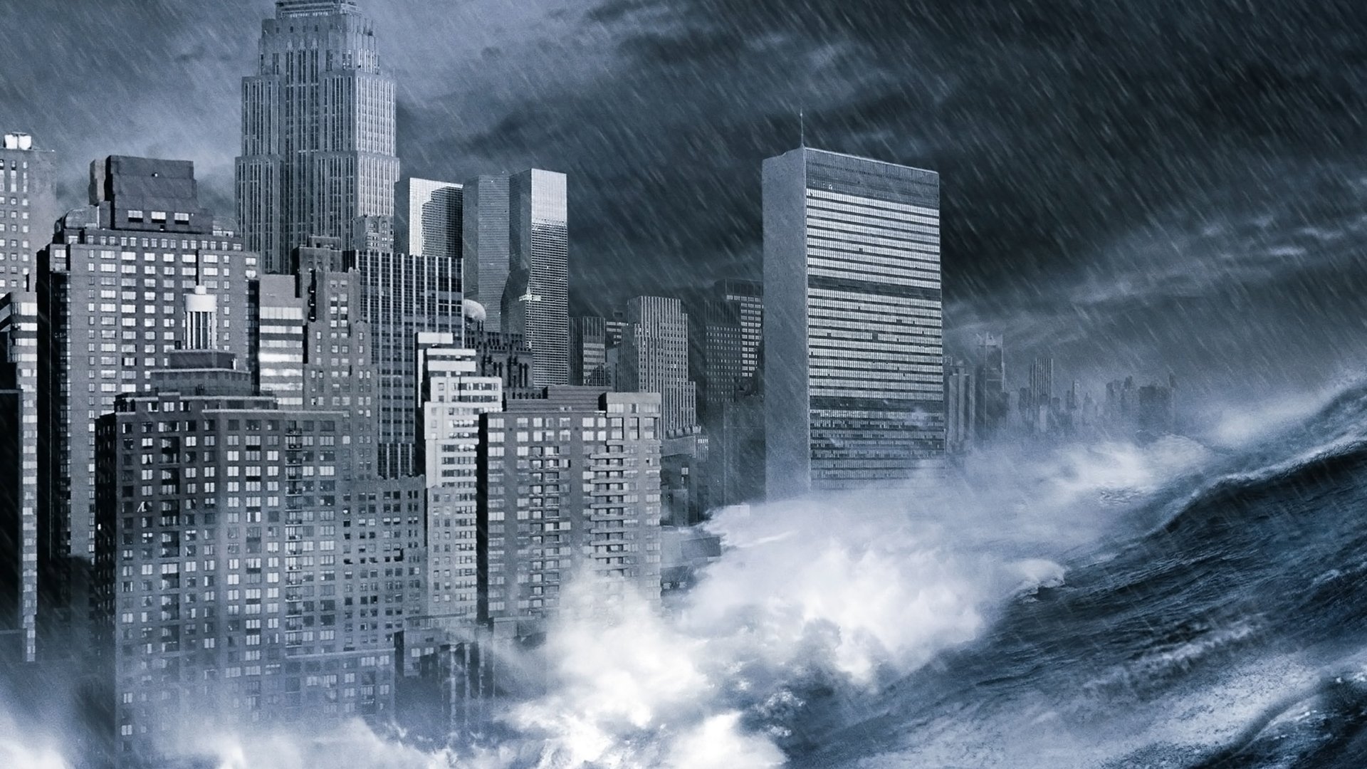 A dramatic apocalyptic scene with towering skyscrapers engulfed by turbulent waves and dark storm clouds, creating a striking sci-fi atmosphere in HD resolution.