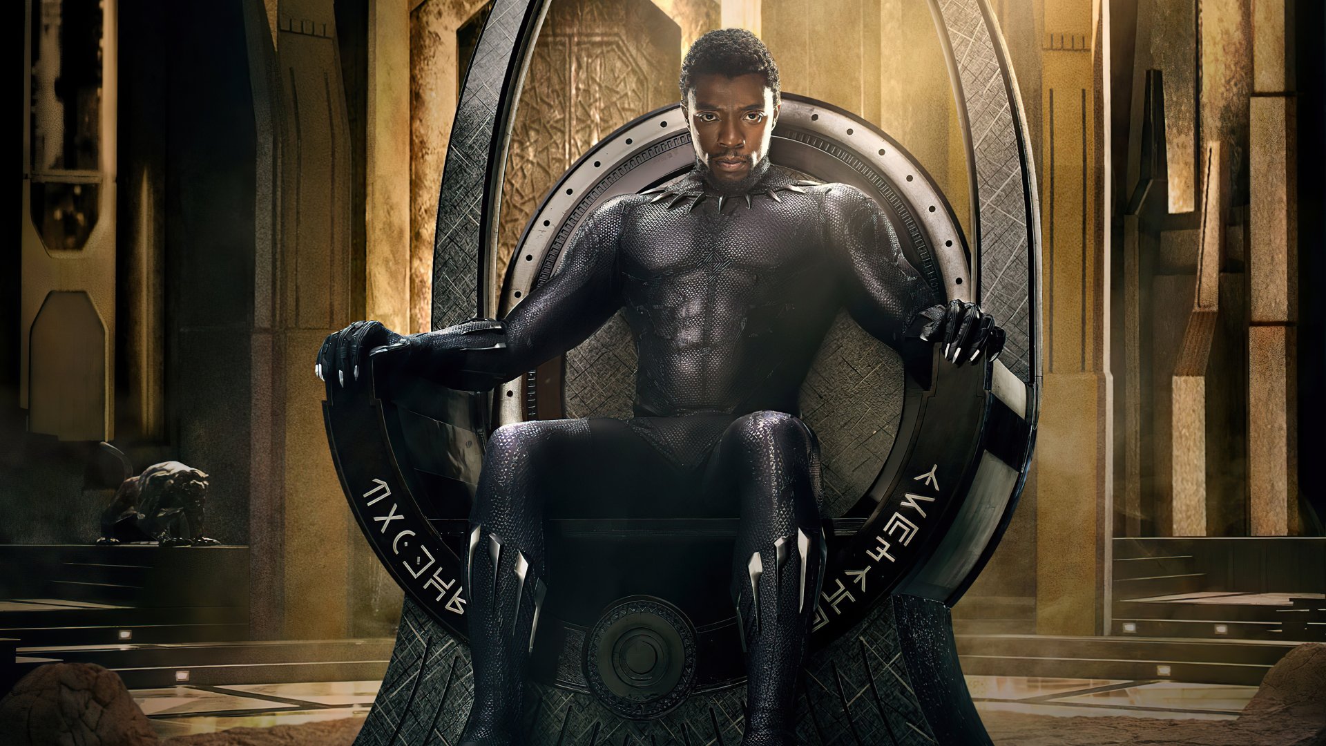 HD desktop wallpaper of Chadwick Boseman as Black Panther (Marvel Comics) sitting on a throne, from the Black Panther movie.