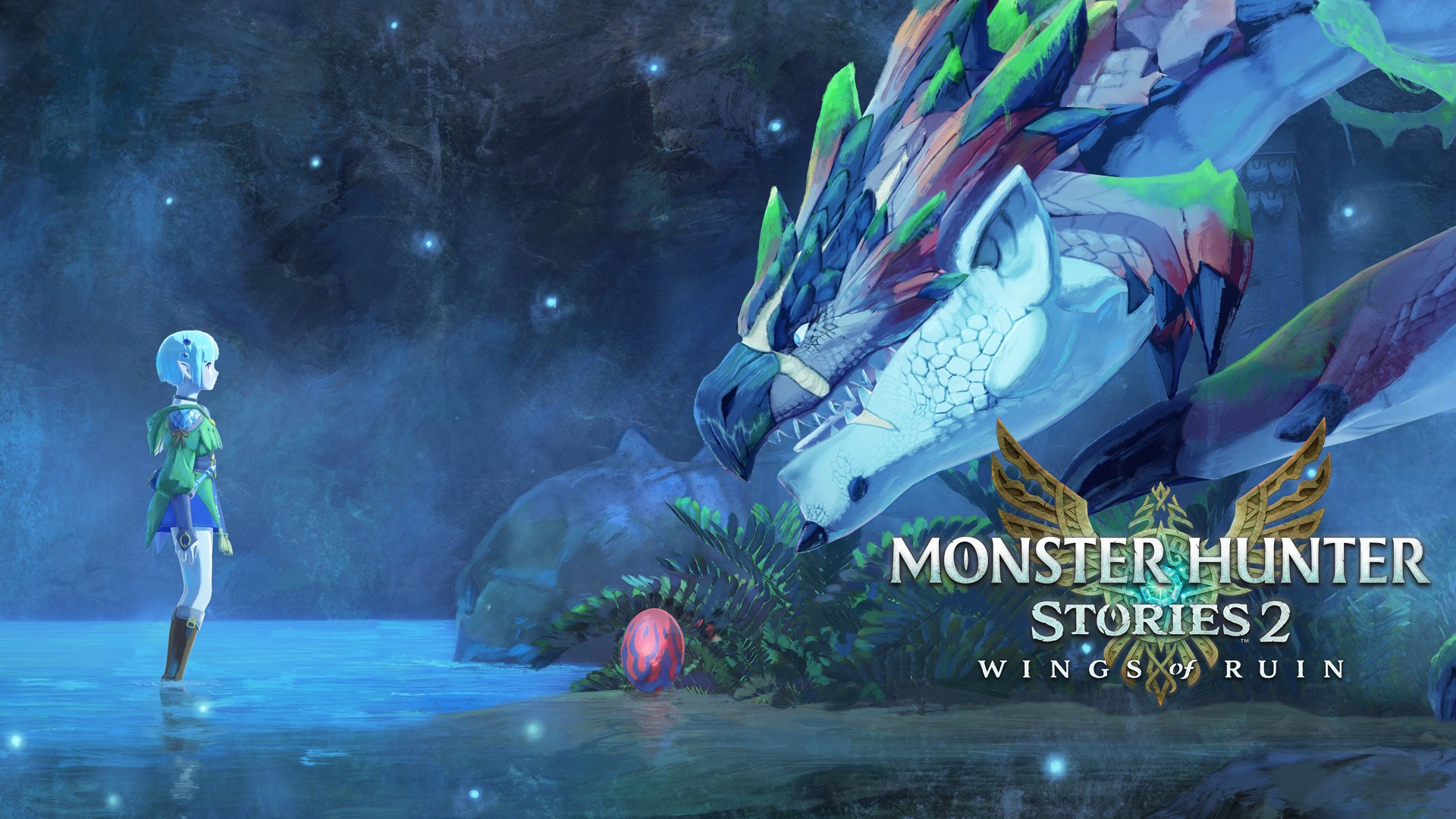 HD desktop wallpaper featuring a scene from Monster Hunter Stories 2: Wings of Ruin with a mystical dragon and character in a serene, fantasy setting.