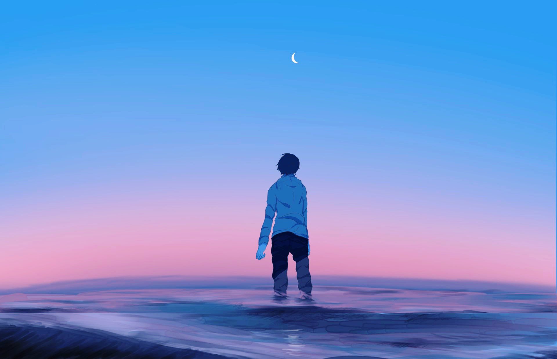 Anime boy standing in shallow water under a clear sky at dusk, with a crescent moon visible, in an HD PC desktop wallpaper and background.
