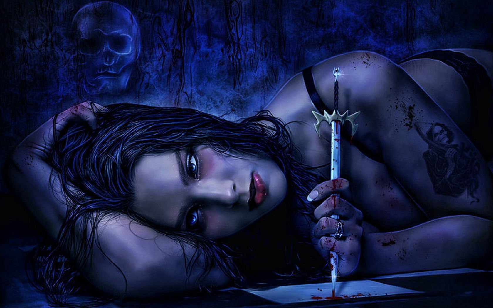 A woman with gothic makeup lies on the ground in a dark, eerie setting with a skull in the background, holding a blood-stained dagger. HD desktop wallpaper.