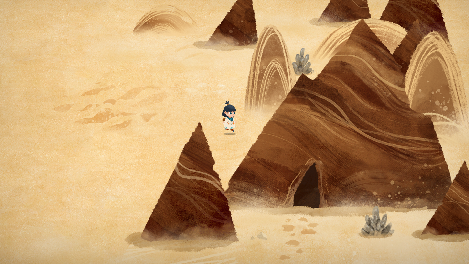 HD desktop wallpaper featuring Carto game art with a character exploring a stylized desert landscape with sand dunes and cacti.