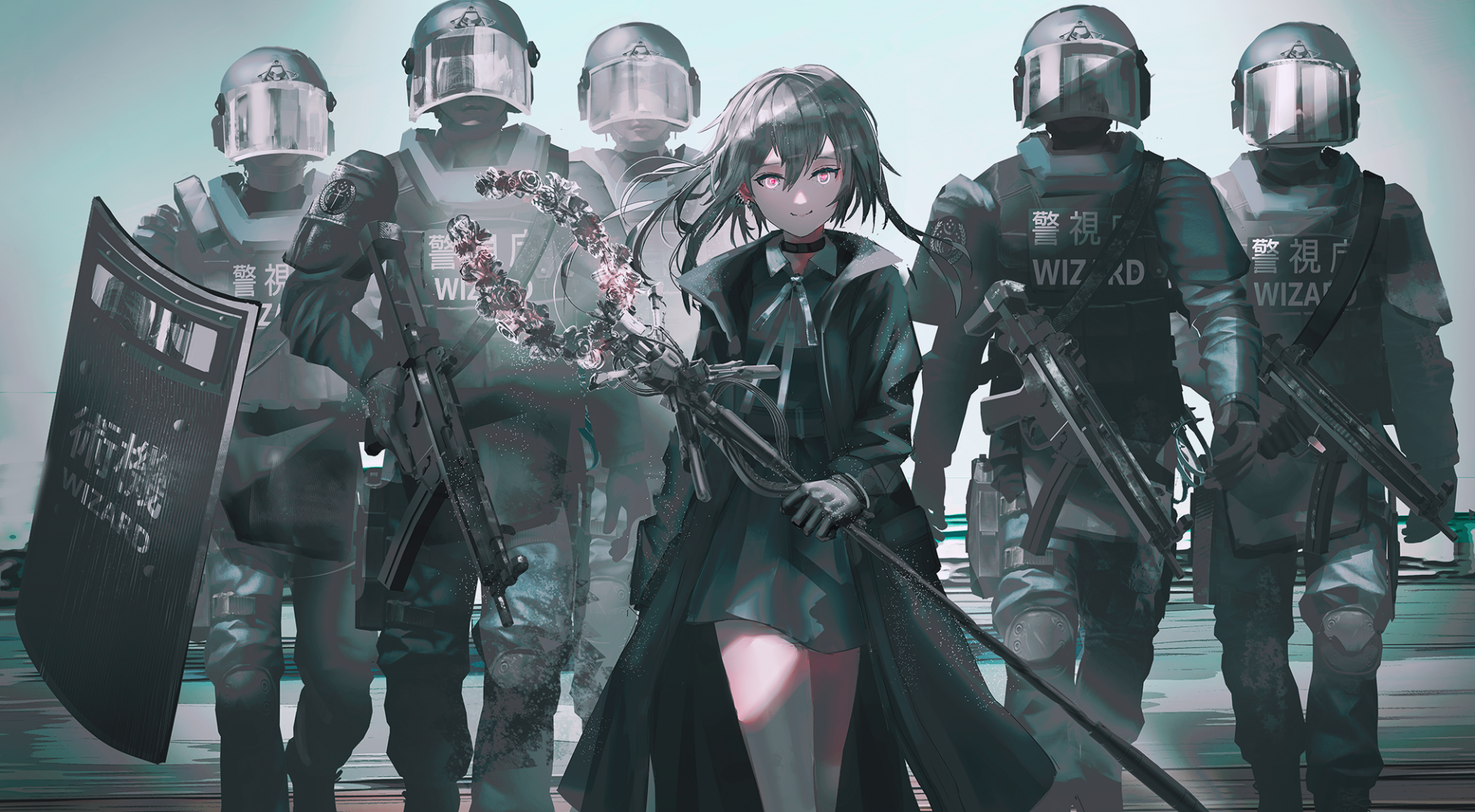 HD anime desktop wallpaper featuring a determined anime girl holding a sword, standing confidently amid armored officers in a dark, futuristic setting.