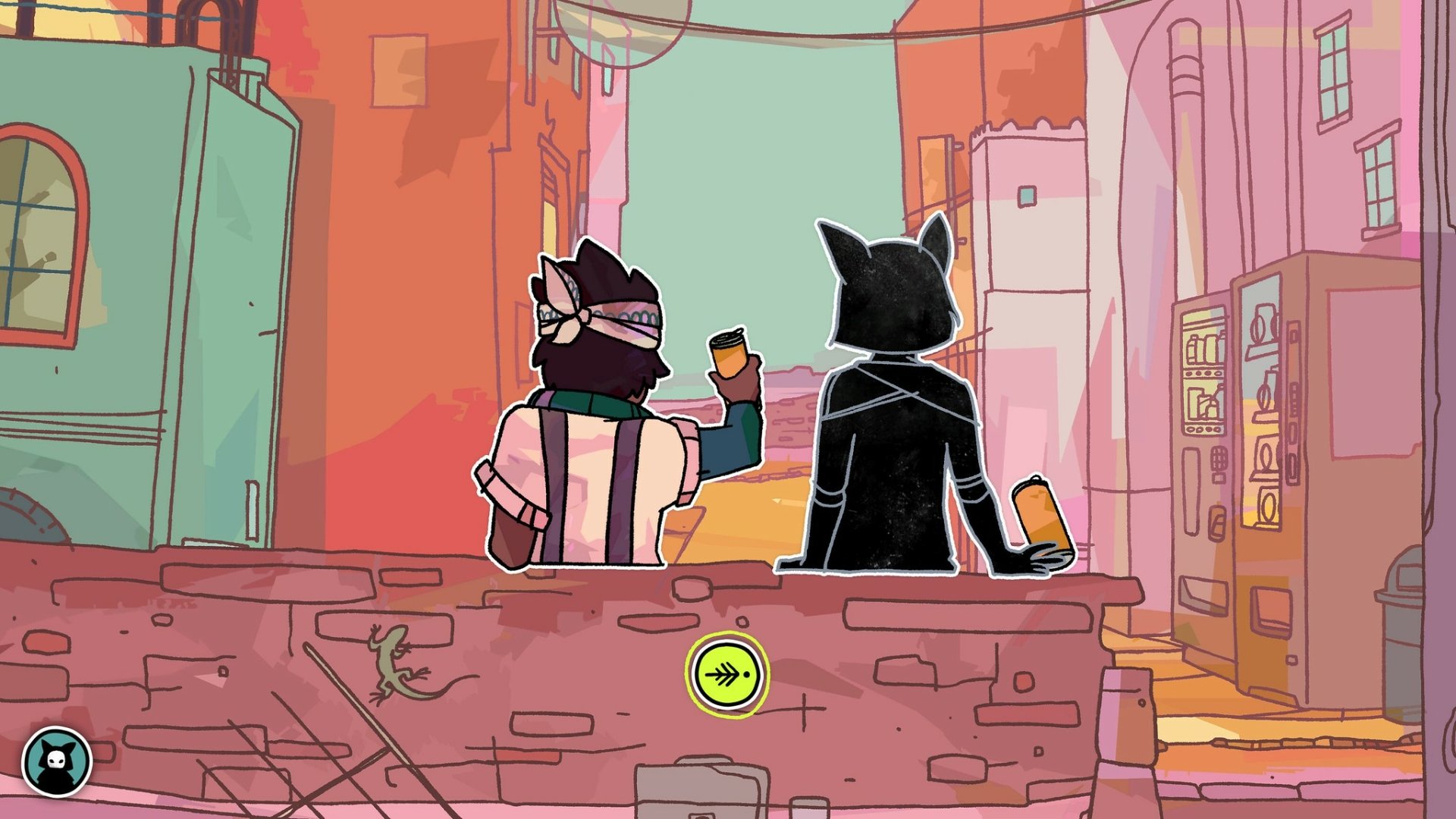 HD wallpaper featuring characters from 'Signs of the Sojourner' game sitting in a vibrant town setting for desktop background.