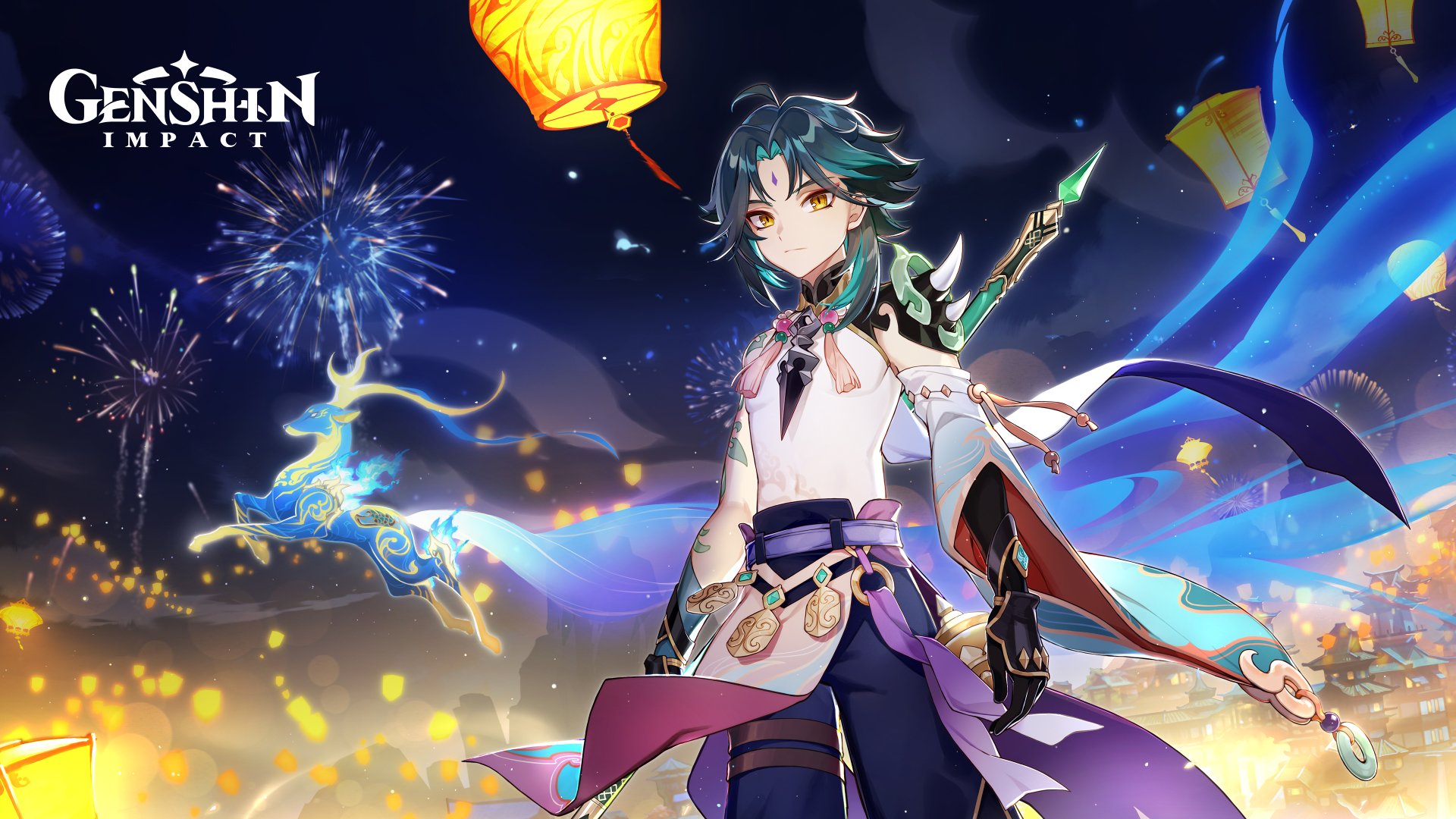 Xiao from Genshin Impact stands amid glowing lanterns and fireworks in a vibrant 4K Ultra HD video game desktop wallpaper.