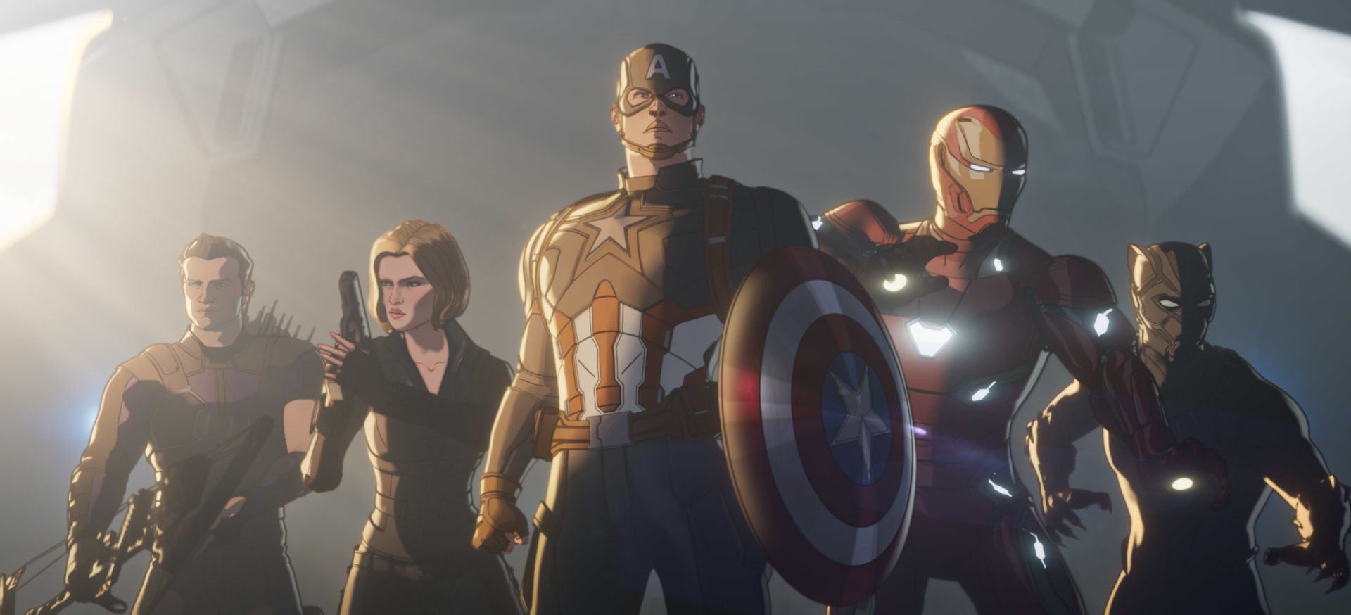 HD PC desktop wallpaper featuring Natasha Romanoff, Clint Barton, Black Panther, Iron Man, Hawkeye, Black Widow, and Captain America from the TV show What If...