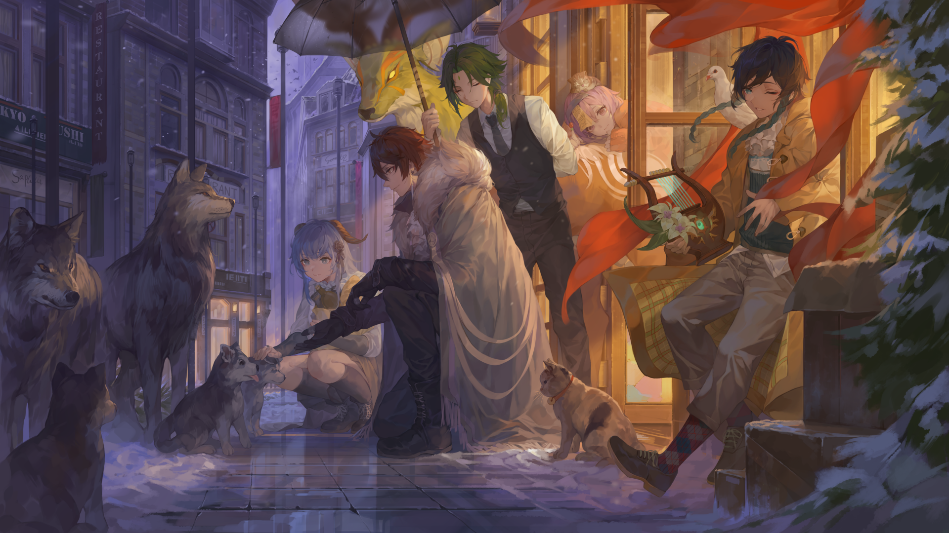 HD desktop wallpaper featuring Genshin Impact characters Qiqi, Ganyu, Zhongli, Xiao, and Venti. The scene is set in a snow-covered street at night with warm light emanating from a nearby building.