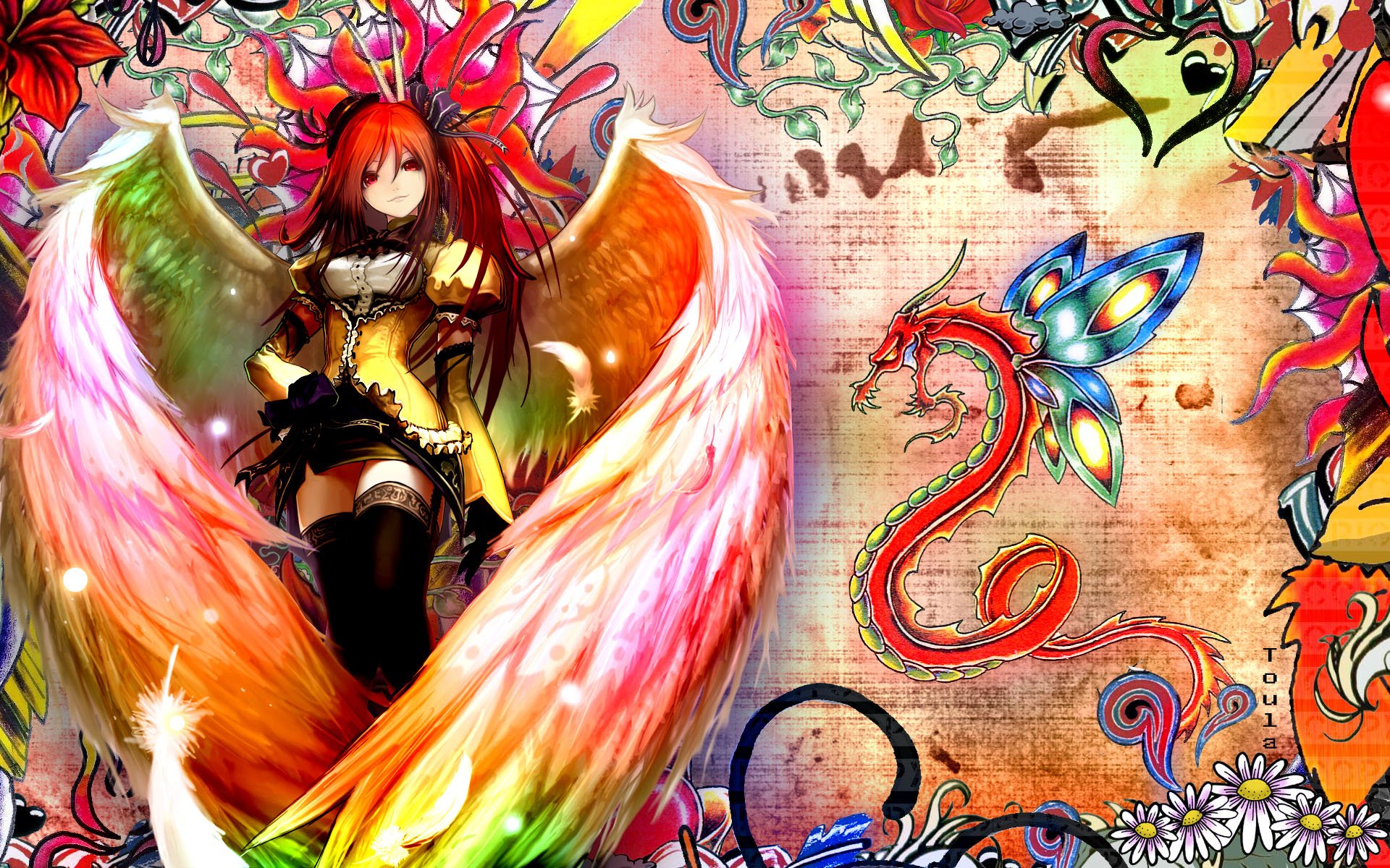Vibrant anime artwork from Aquarian Age features a character with colorful wings amidst a backdrop of intricate designs and a dragon motif, creating a stunning HD wallpaper.