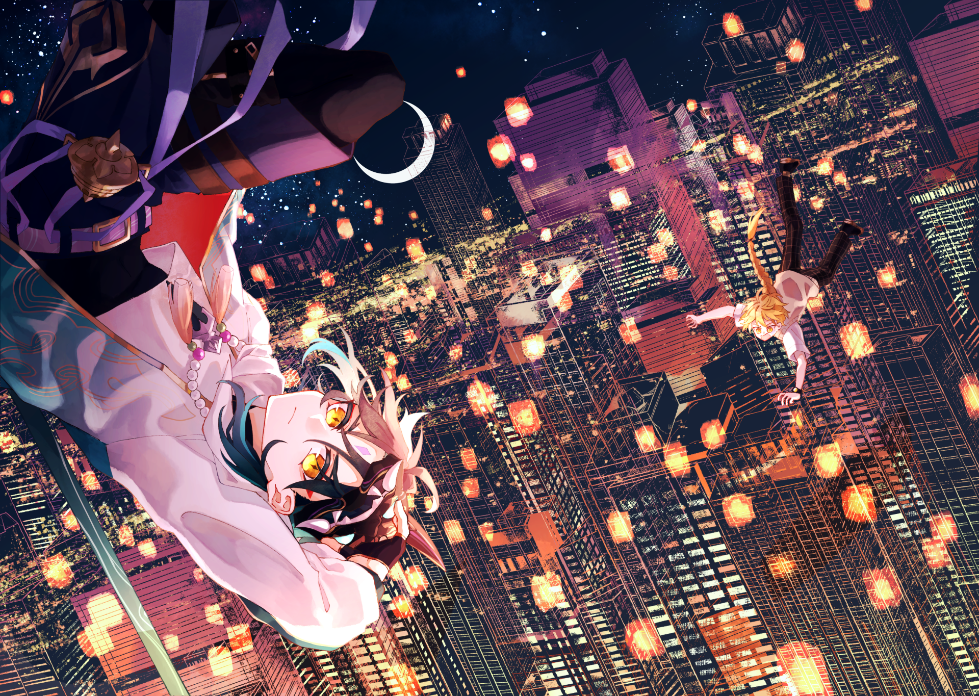 HD PC desktop wallpaper of Xiao and Aether from Genshin Impact amidst glowing Lantern Rite lanterns over a vibrant night cityscape.