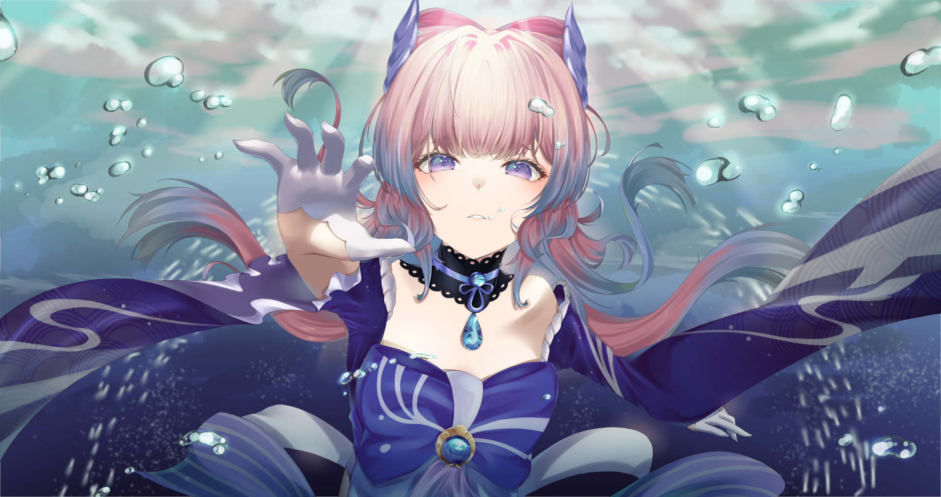 4K Ultra HD PC wallpaper of Sangonomiya Kokomi from the video game Genshin Impact, featuring her reaching forward with water and bubbles surrounding her.