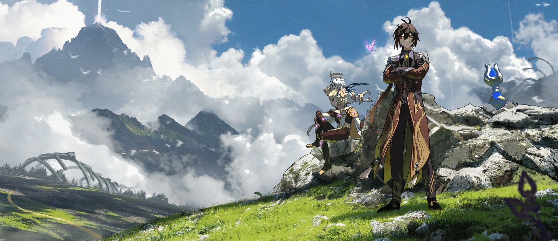 HD PC wallpaper featuring Zhongli, Paimon, and Aether from the video game Genshin Impact, standing on a grassy hill with mountains and clouds in the background.