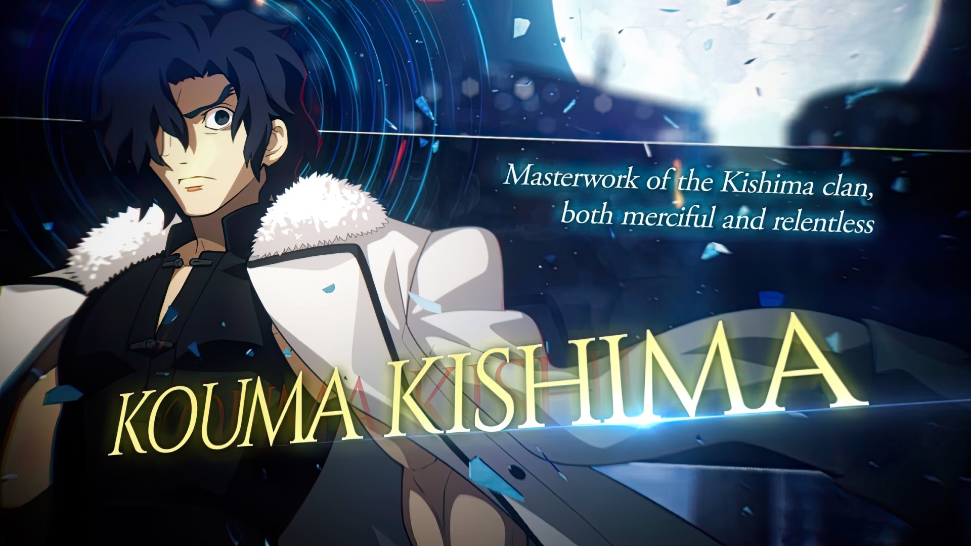 HD desktop wallpaper featuring Kouma Kishima from Melty Blood: Type Lumina with a dynamic blue background.