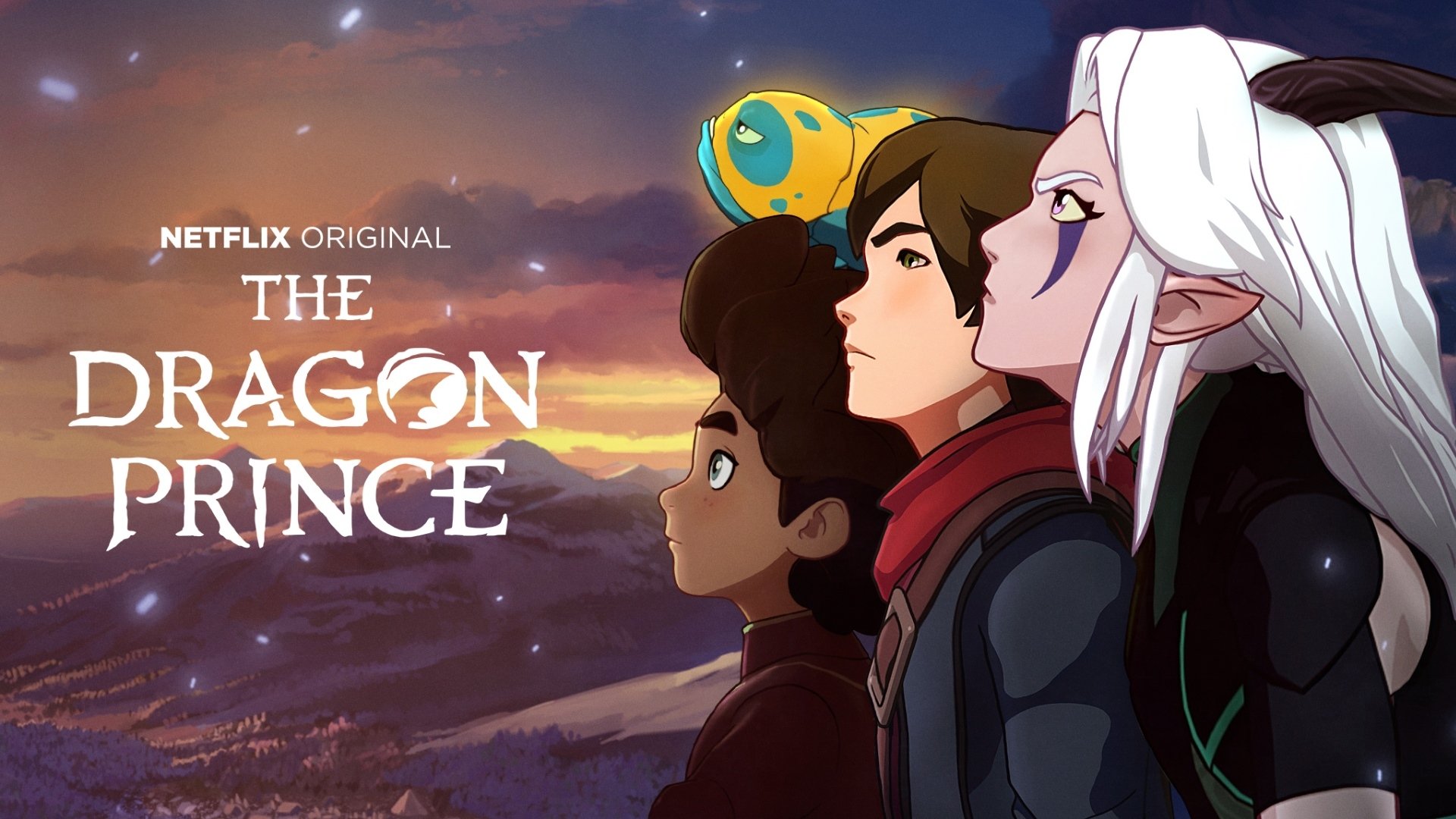 HD PC desktop wallpaper of the TV show The Dragon Prince: three protagonists and a small glowing dragon gaze toward a radiant sunset sky above distant mountains.