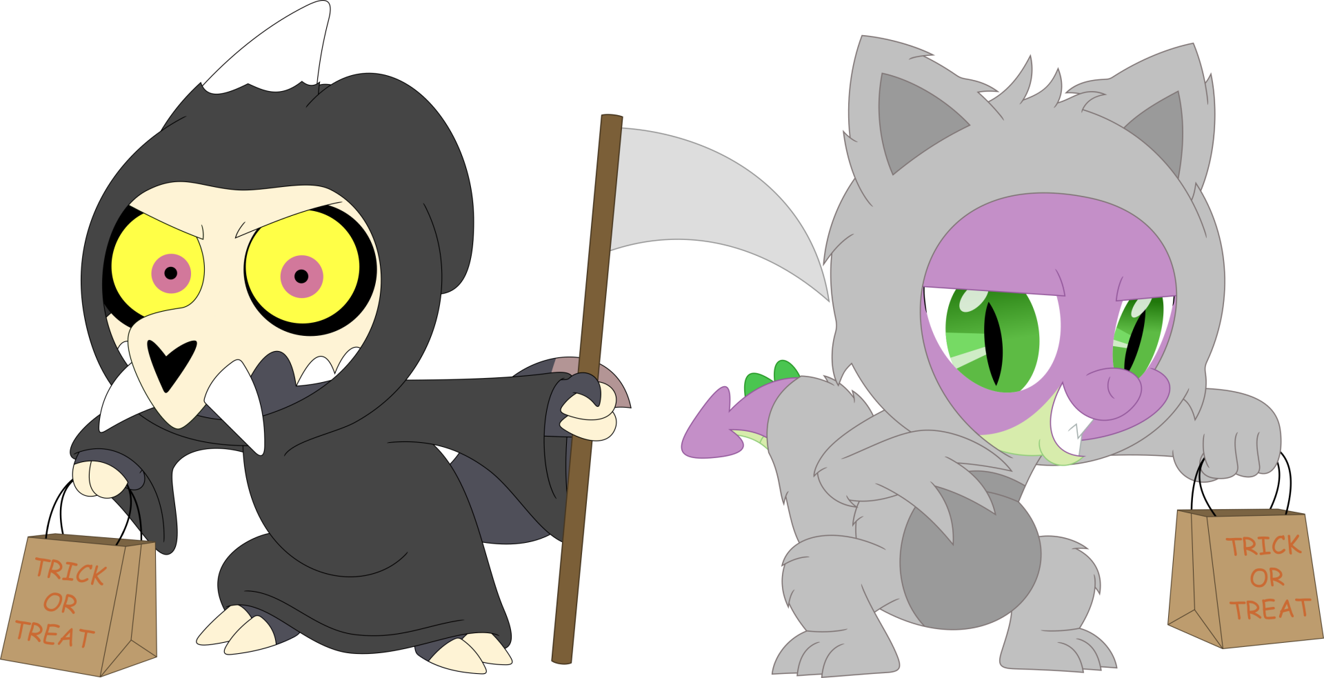 HD desktop wallpaper featuring King Clawthorne from The Owl House and Spike from My Little Pony: Friendship Is Magic in Halloween costumes, blending both TV show styles.