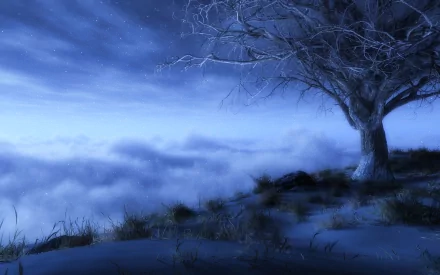 A HD wallpaper featuring a lonely tree against a starry sky, shrouded in fog and clouds, creating a fantasy-like, artistic scene.