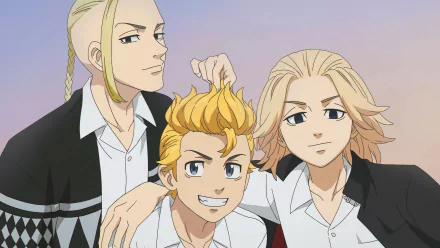 HD PC wallpaper featuring Takemichi Hanagaki, Mikey Manjiro Sano, and Ken Ryuguji from the anime Tokyo Revengers with a soft pastel sky background.