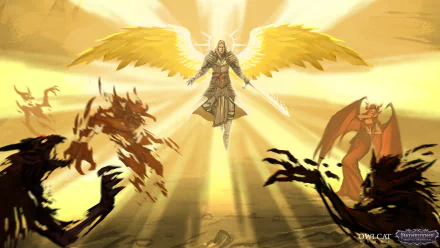 A stunning HD wallpaper from Pathfinder: Wrath of the Righteous, featuring a celestial warrior with golden wings, surrounded by dark figures in a radiant atmosphere.