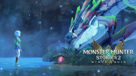 HD desktop wallpaper featuring a scene from Monster Hunter Stories 2: Wings of Ruin with a mystical dragon and character in a serene, fantasy setting.