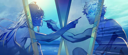 HD anime desktop wallpaper featuring Yatora Yaguchi and Ryuuji Ayukawa from Blue Period, depicted in a reflective, artistic scene with cool blue tones.