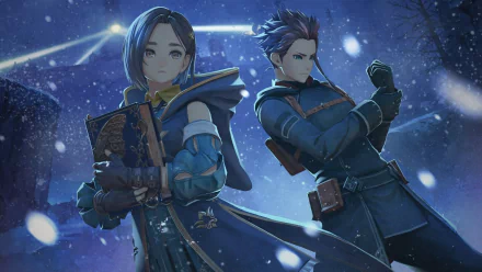 HD wallpaper from Tales of Arise featuring two characters, a female with a book and a male in a combat stance, under a starry sky.